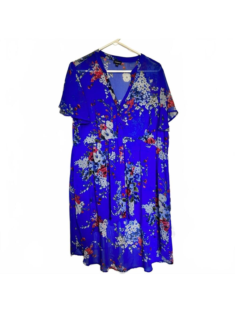 TORRID Electric Blue Floral Short Sleeve High Low Coverup Top Tunic | size 1